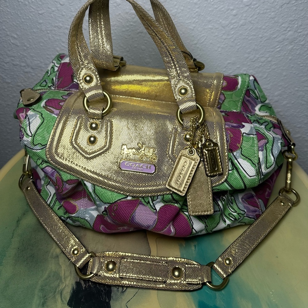 Vintage Coach Poppy Satchel Bag Multicolor Floral Gold Metallic Trim 14589 - Picture 4 of 13